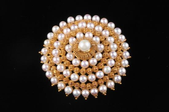 Appraisal: MIDDLE EASTERN GOLD-ON-SILVER AND CULTURED PEARL TIERED MEDALLION BROOCH -