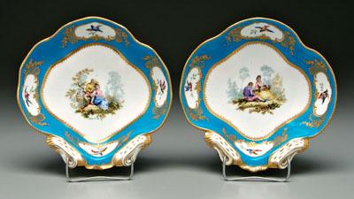 Appraisal: Pair S egrave vres shell bowls central hand painted cartouches