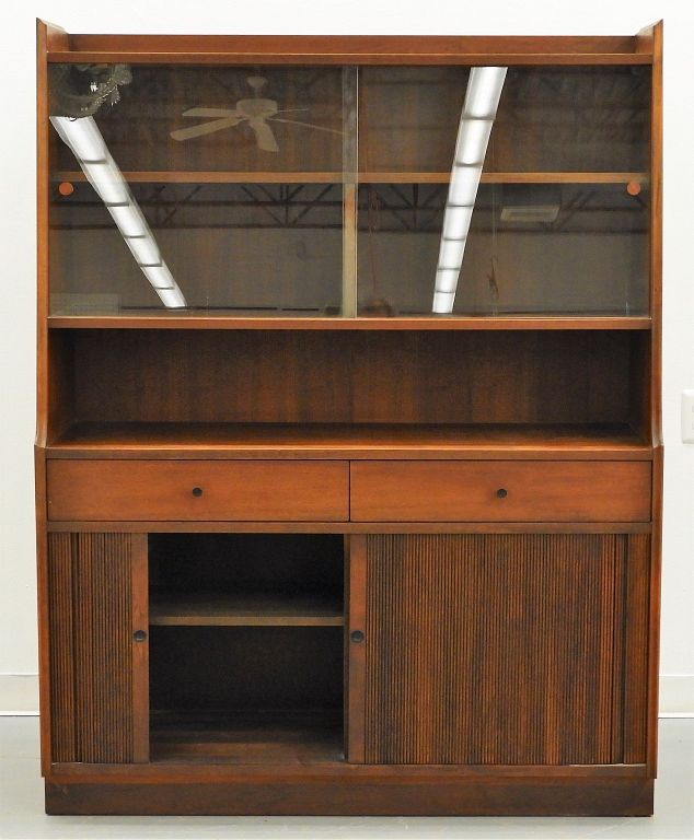 Appraisal: Dillingham MCM Modern Walnut Tambour Hutch Server United States Circa