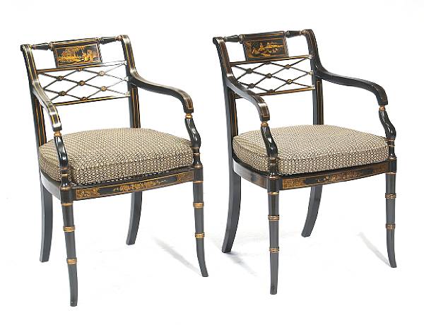 Appraisal: A set of eight Regency style parcel gilt and ebonized