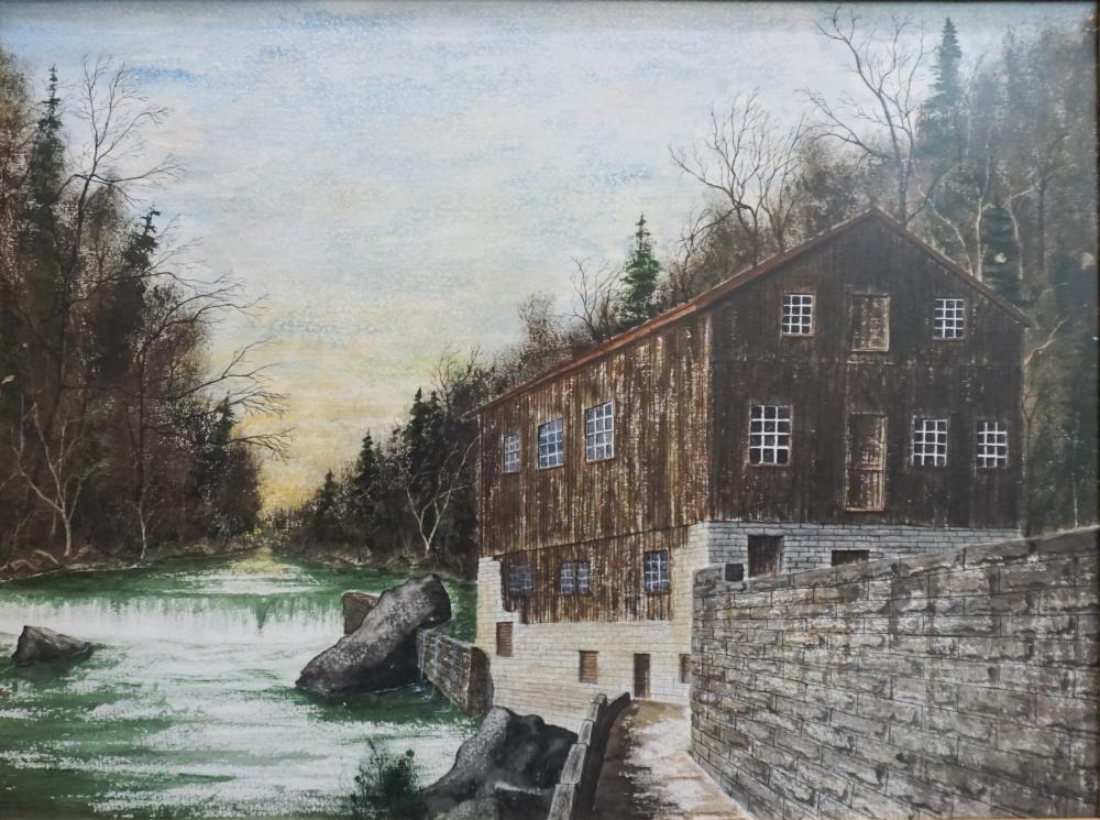 Appraisal: American School th Century Riverside Cabin Watercolor Frame x in