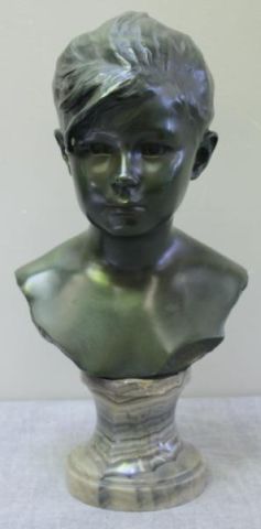 Appraisal: HOUSSIN Edouard Bronze Bust of a Young Girl In green