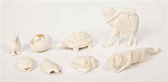 Appraisal: A Collection of Eight Carved Ivory Animals comprising a camel