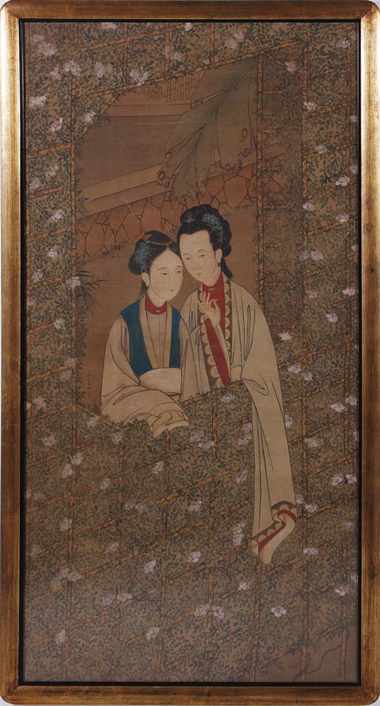 Appraisal: Chinese watercolor of ladies in garden Qing dynasty painted silk