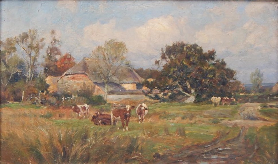 Appraisal: thC Continental School Cattle in rural farm landscape oil on