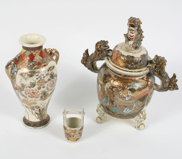 Appraisal: Satsuma jar vase and bucket profusely decorated Foo dog handles