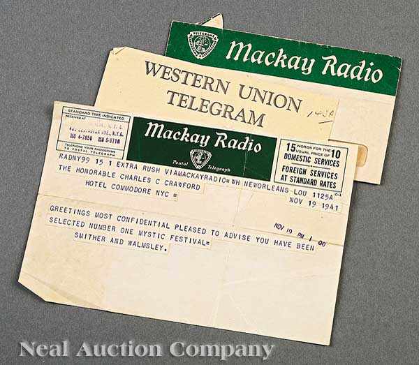 Appraisal: Mardi Gras a Mackay Radio Western Union Telegram and two