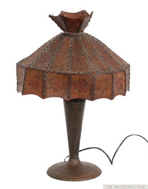 Appraisal: BRASS ARTS CRAFTS LAMP W LEATHER SHADE W x H