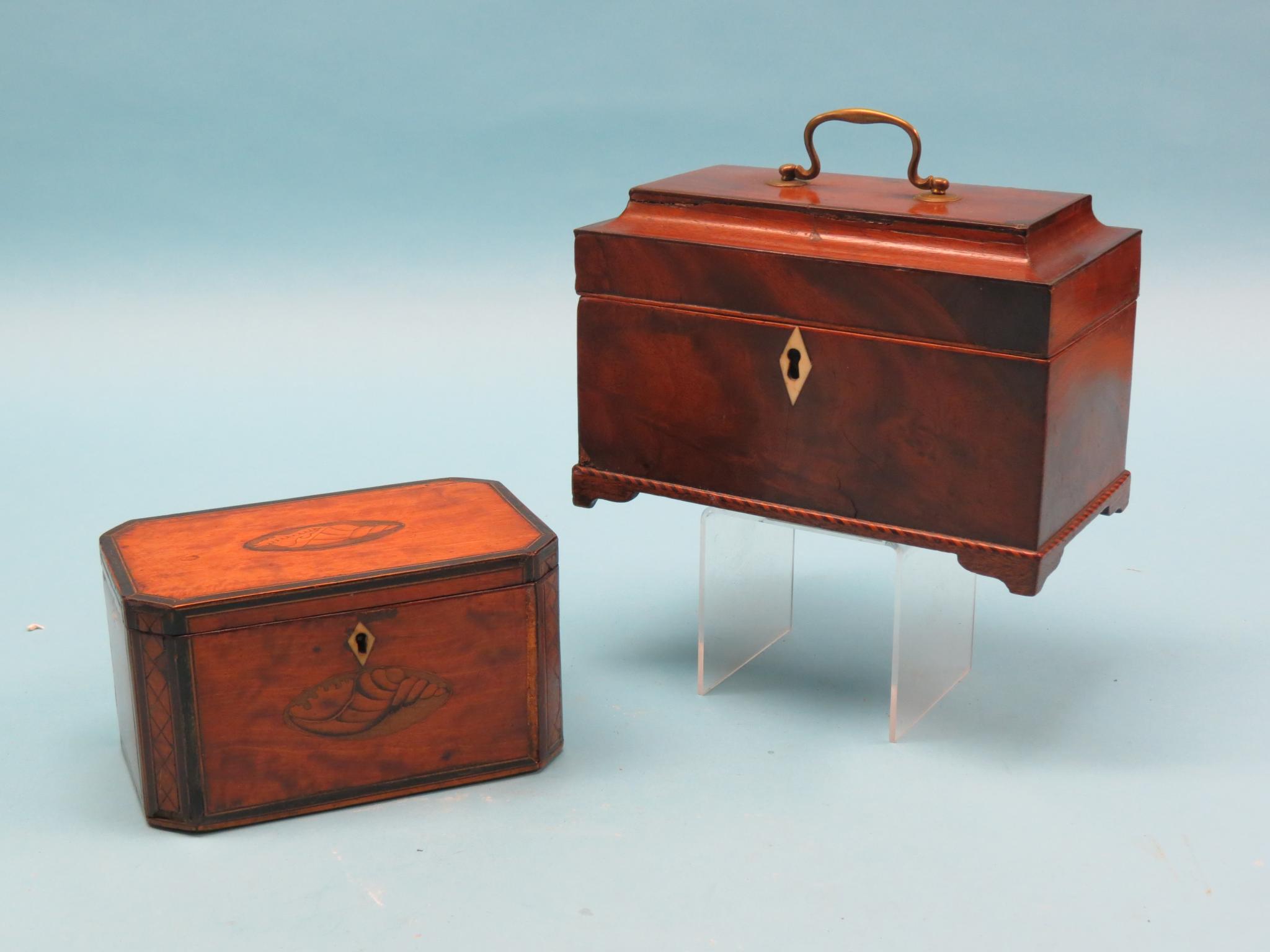 Appraisal: A George III mahogany tea caddy with chequer inlay in