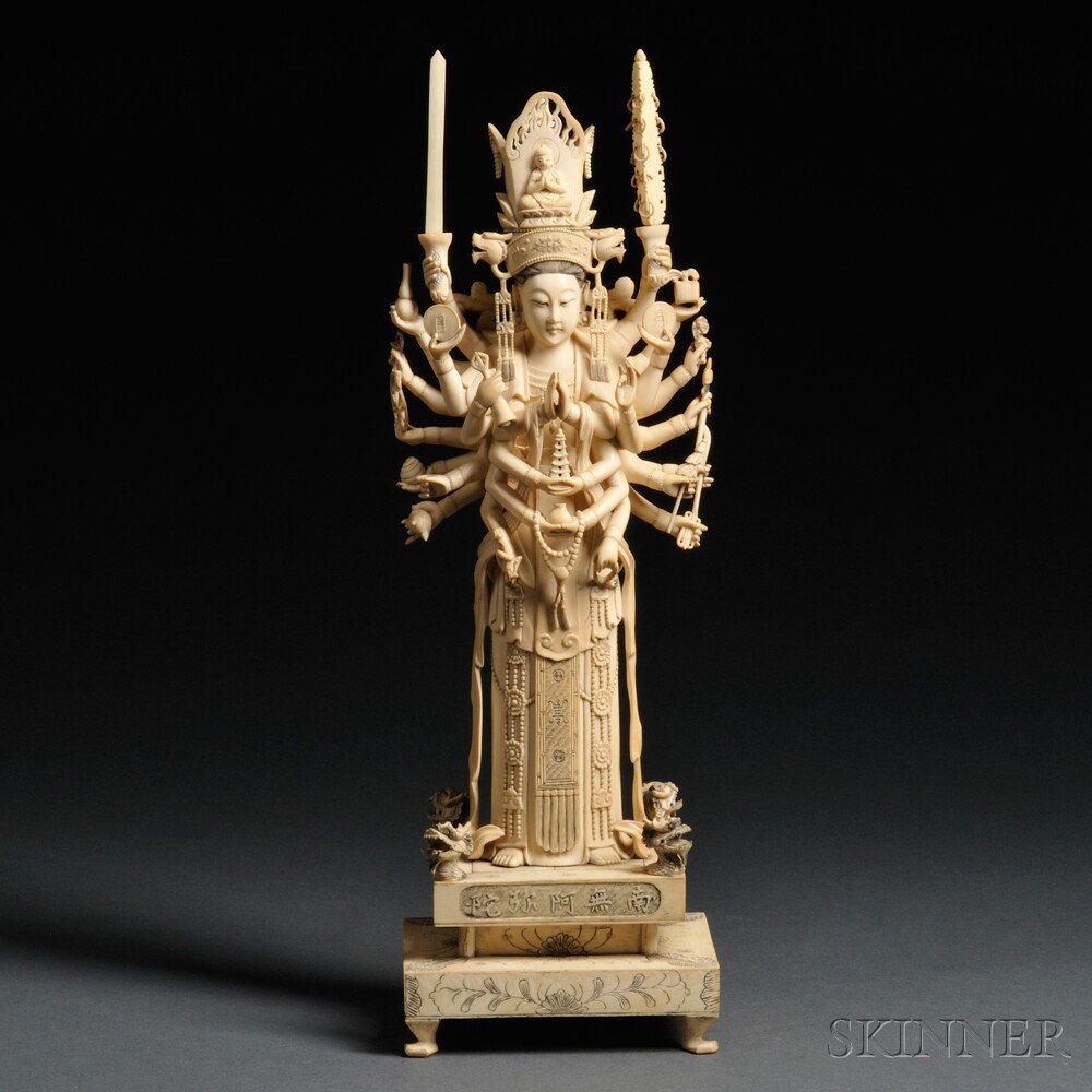 Appraisal: Ivory Avalokitesvara with Thousand Arms China th century standing on