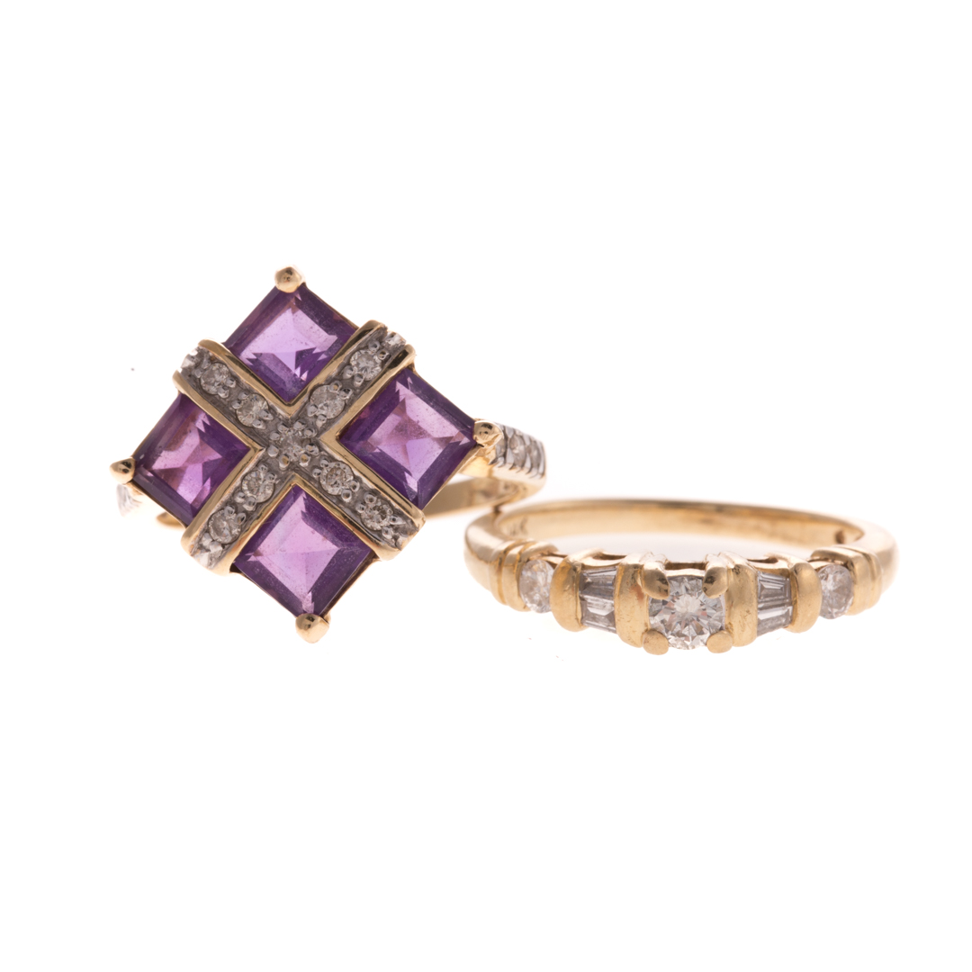 Appraisal: A Pair of Gold Rings with Amethyst Diamonds K yellow