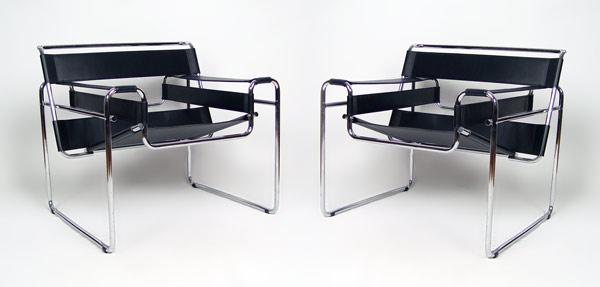 Appraisal: PAIR MARCEL BREUER DESIGNED WASSILY BLACK LEATHER CHAIRS '' h