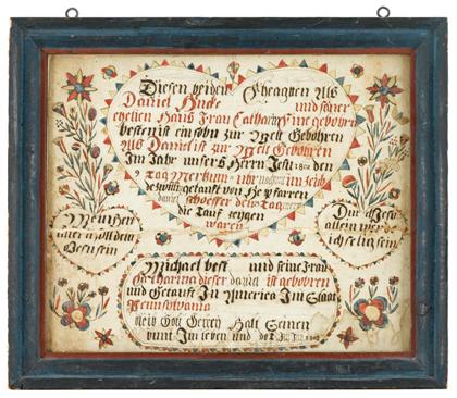 Appraisal: Sawtooth border artist late th early th century fraktur taufschien