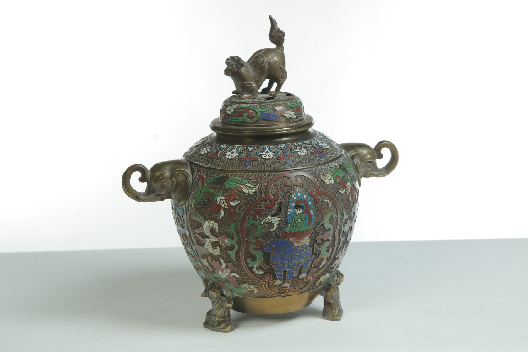 Appraisal: CHAMPLEVE DECORATED BRASS LIDDED URN Asian th quarter- th century