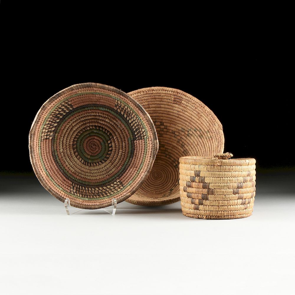 Appraisal: A GROUP OF THREE NATIVE AMERICAN COLORFUL WOVEN BASKETS EARLY