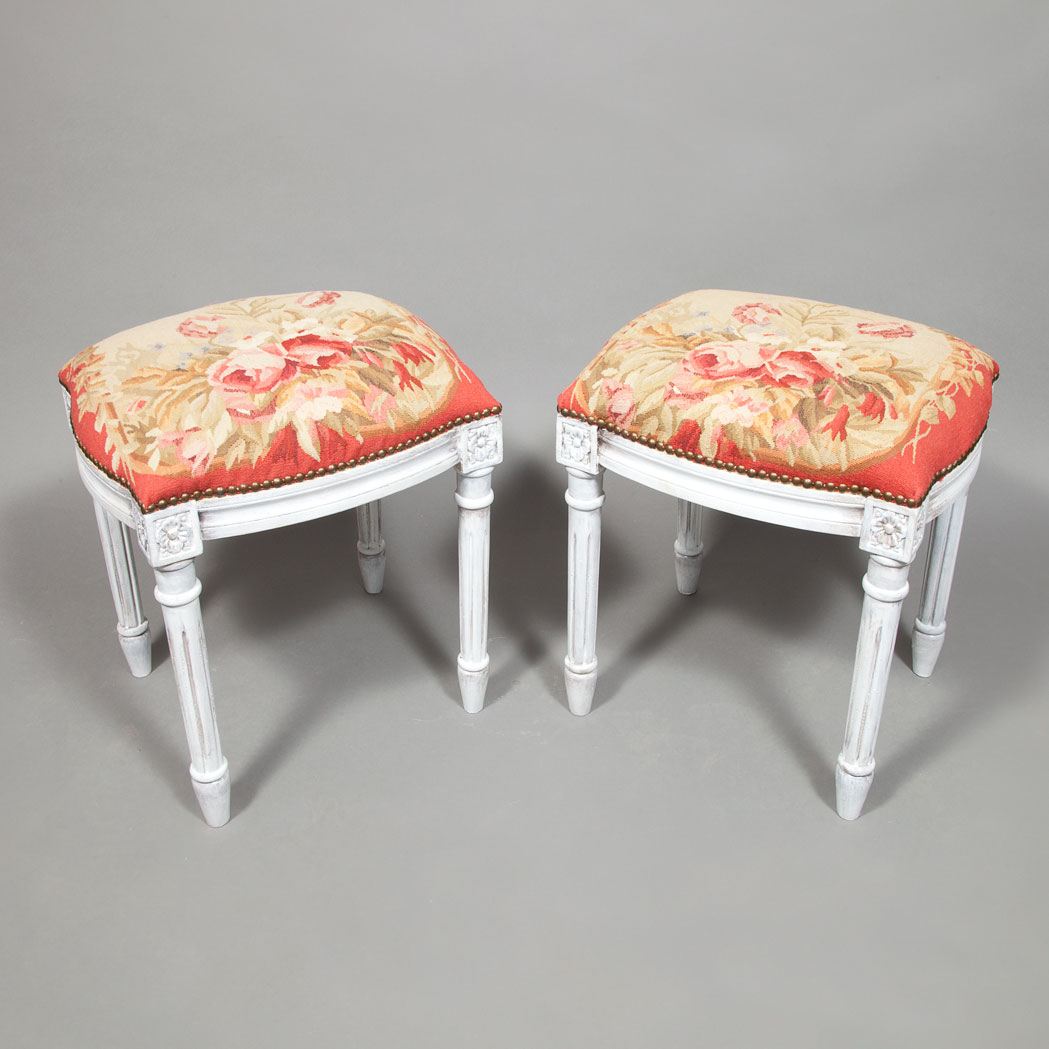 Appraisal: Pair of Louis XVI Style Carved and Painted Stools Frames