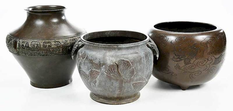 Appraisal: Three Asian Bronze Vessels th century tallest in Provenance Private