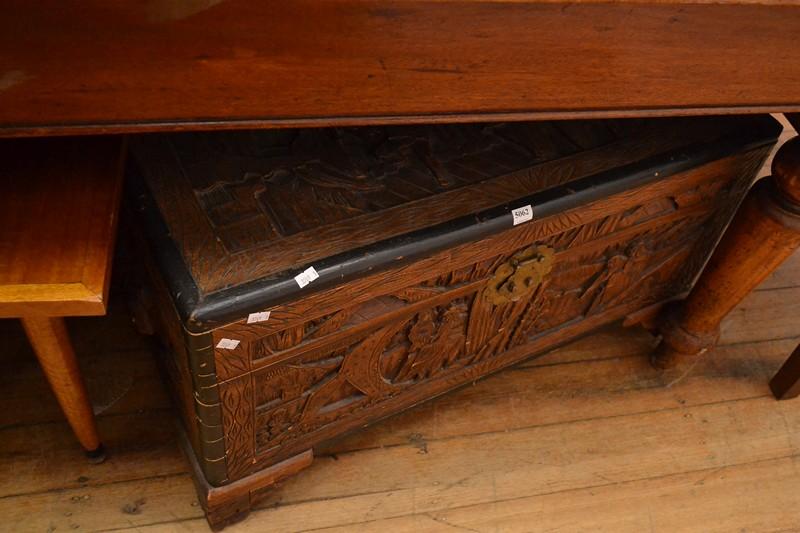 Appraisal: AN ORIENTAL CHIP CARVED TRUNK WITH BRASS HANDLES AN ORIENTAL