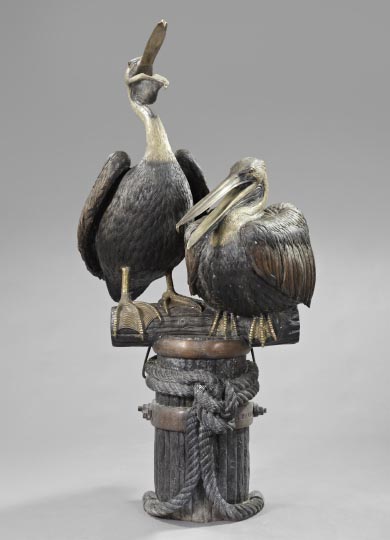 Appraisal: Monumental Contemporary Cast-Bronze Garden Fountain depicting two pelicans resting on