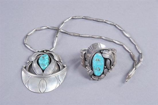 Appraisal: NAVAJO TURQUOISE AND STERLING SILVER PENDANT NECKLACE AND CUFF BRACELET