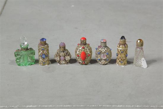 Appraisal: SEVEN JEWELED CZECH GLASS MINIATURE PERFUME BOTTLES Each embellished with