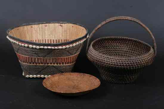 Appraisal: THREE BASKETS Of various shapes Including one decorated with shells