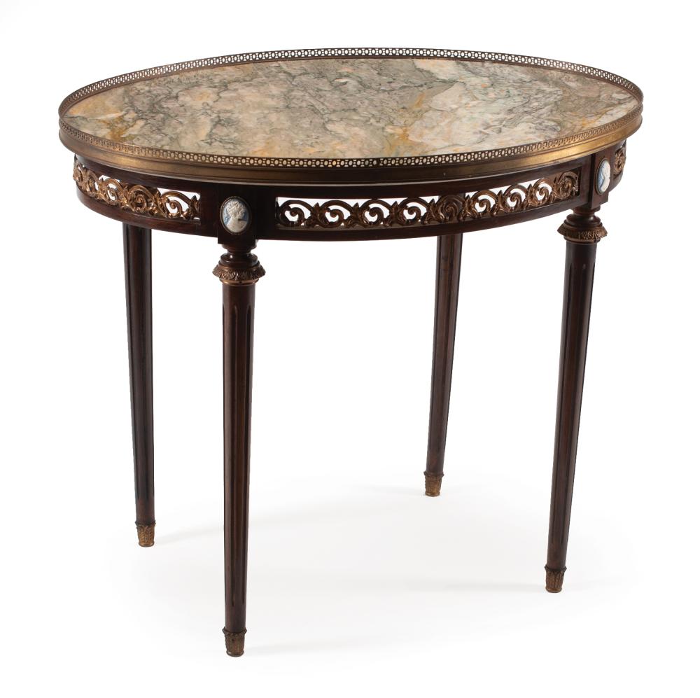 Appraisal: Louis XVI-Style Bronze-Mounted Mahogany Side Table th c oval marble