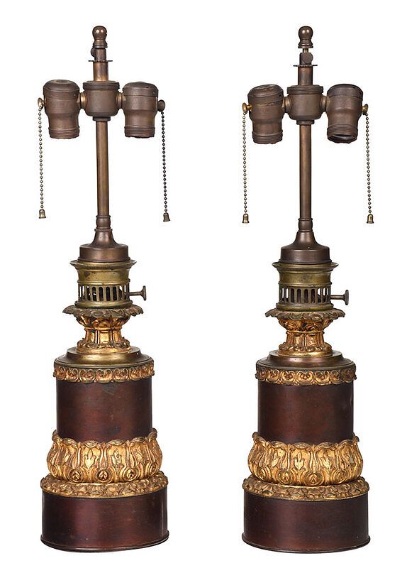 Appraisal: Pair French Gilt Bronze Mounted Moderator Lamps late th early