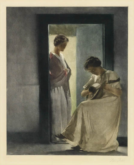 Appraisal: PETER ILSTED Two Young Girls in a Doorway Color mezzotint