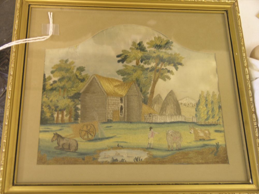 Appraisal: An early th century silkwork picture farmhouse with cart x