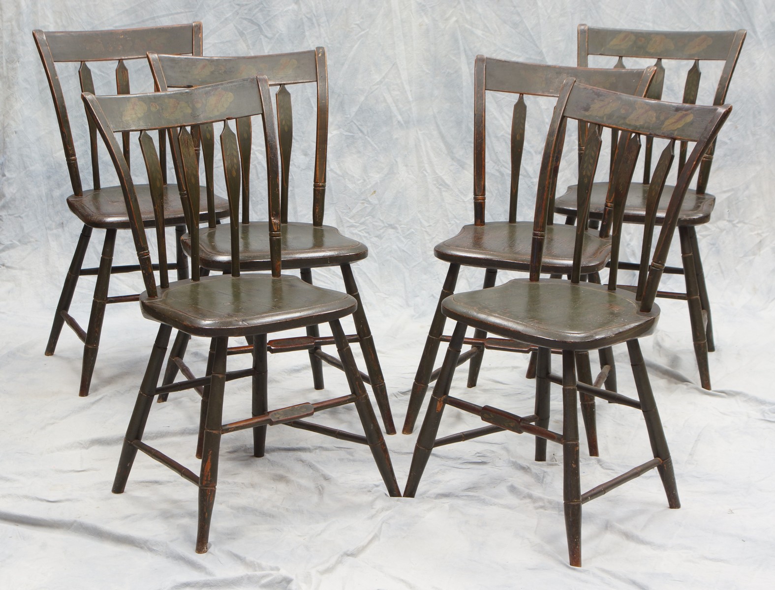 Appraisal: Set of six plank seat arrow back side chairs patina