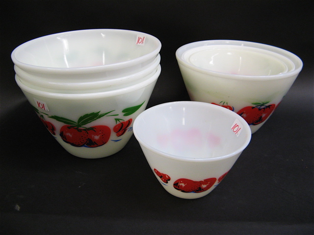 Appraisal: FIRE KING GLASS MIXING BOWL SET pieces Apples Cherries pattern