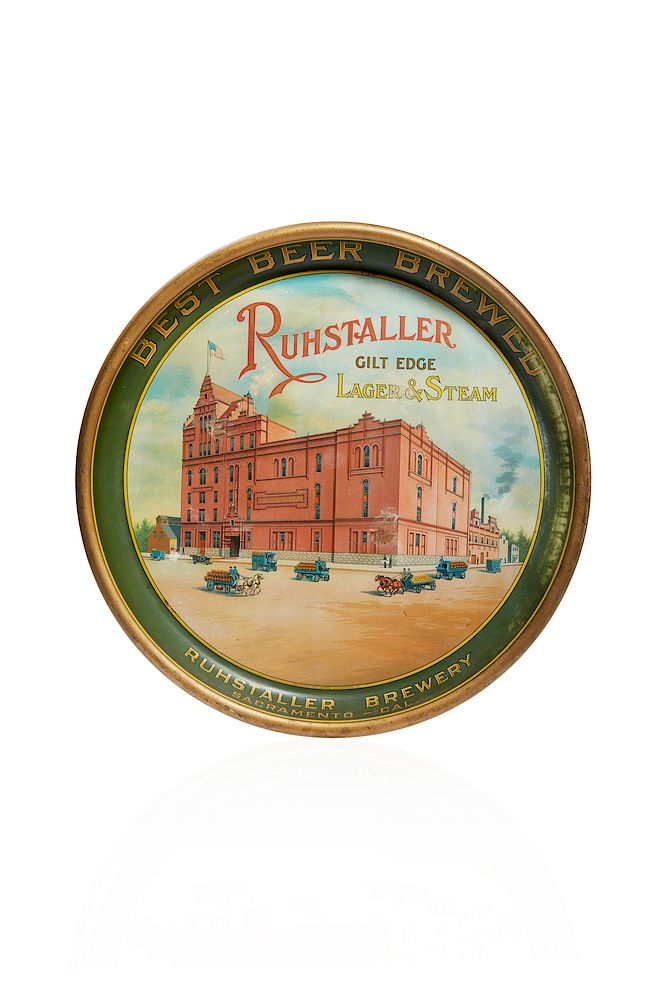 Appraisal: Ruhstaller Beer Tray Factory Scene Round Ruhstaller Gilt Edge Lager