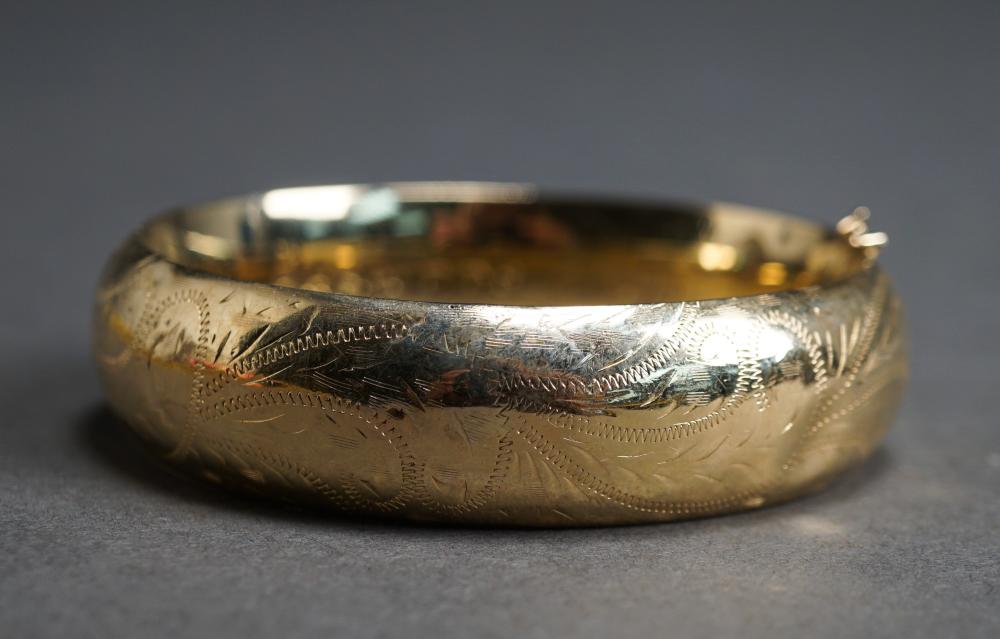 Appraisal: -Karat Yellow-Gold and Engraved Bangle Bracelet dwt L approx in