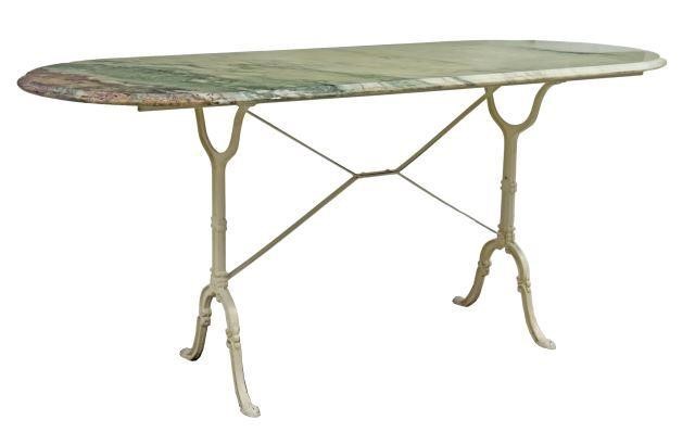 Appraisal: French Parisian bistro table th c oval marble top white