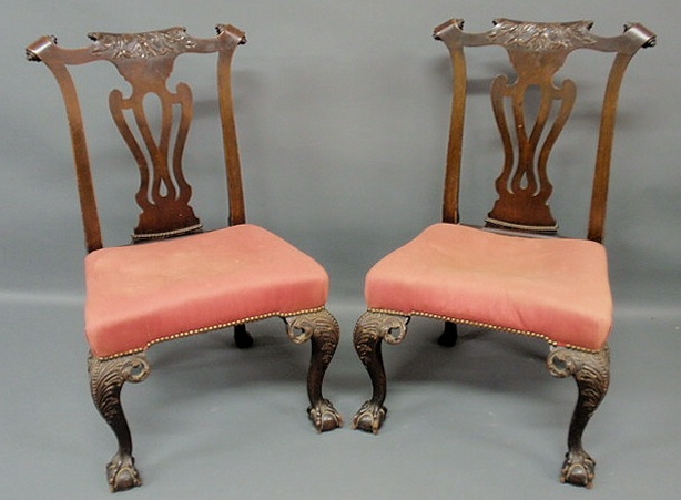 Appraisal: Pair of mahogany side chairs Philadelphia Chippendale style h x