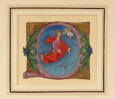 Appraisal: An early th Century illuminated letter O depicting Christ's Ascension