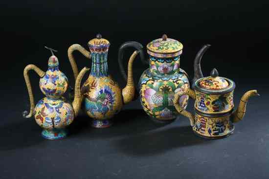 Appraisal: FOUR CHINESE CLOISONN ENAMEL TEA POTS Late Qing Dynasty early