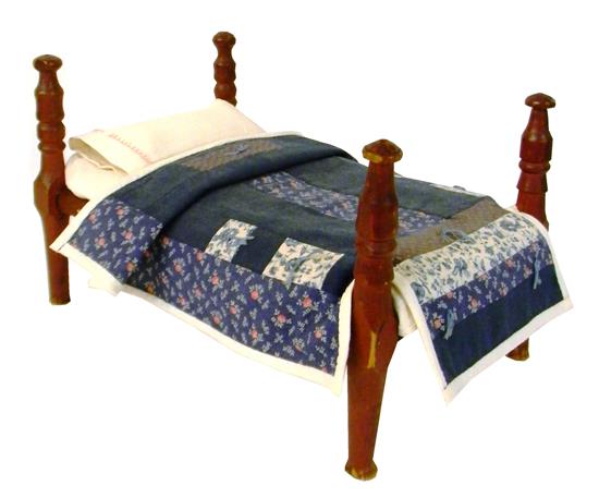 Appraisal: MINIATURE th C rope bed red stain turned posts comes