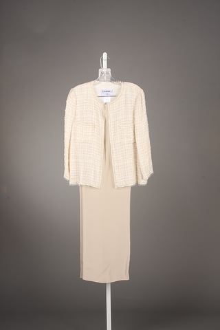 Appraisal: Chanel tan tissue beaded silk jacket with silk-line slacks Size