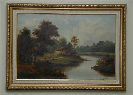 Appraisal: Oil on Canvas Landscape with Cottage and Stream E Horton