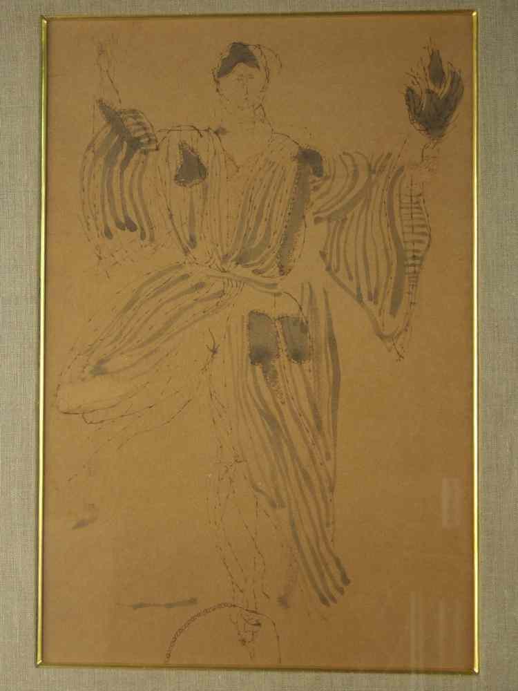 Appraisal: INK DRAWING- Man in striped robe with hands raised above