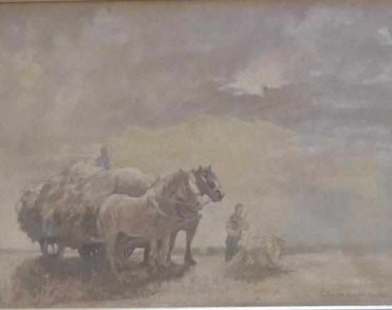 Appraisal: E GLOVER HORSES PULLING THE HAY OIL ON CANVAS