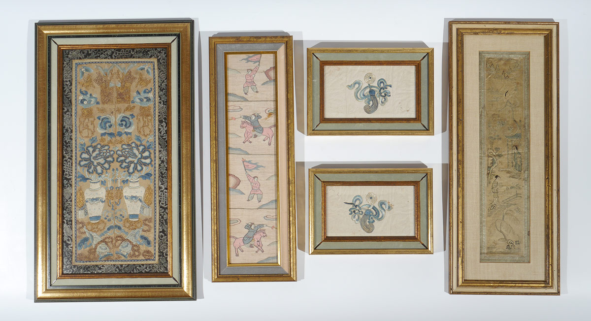 Appraisal: GROUP OF CHINESE SILK EMBROIDERIES All framed under glass Featuring