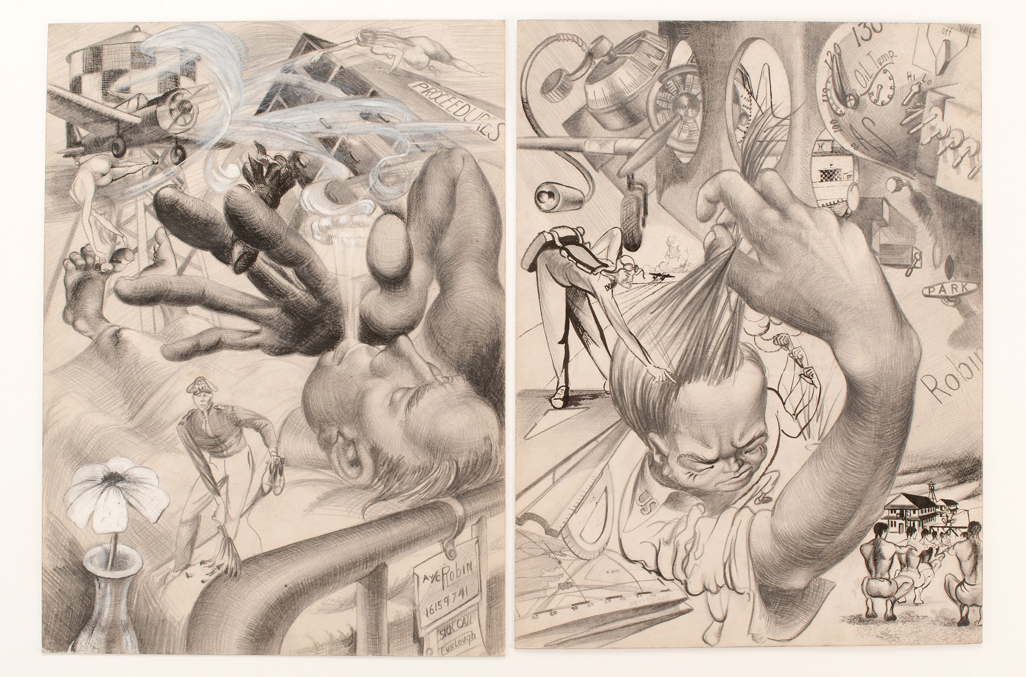 Appraisal: AMERICAN SCHOOLMid- th CenturyPair of WWII-era illustrations depicting fantasy scenes