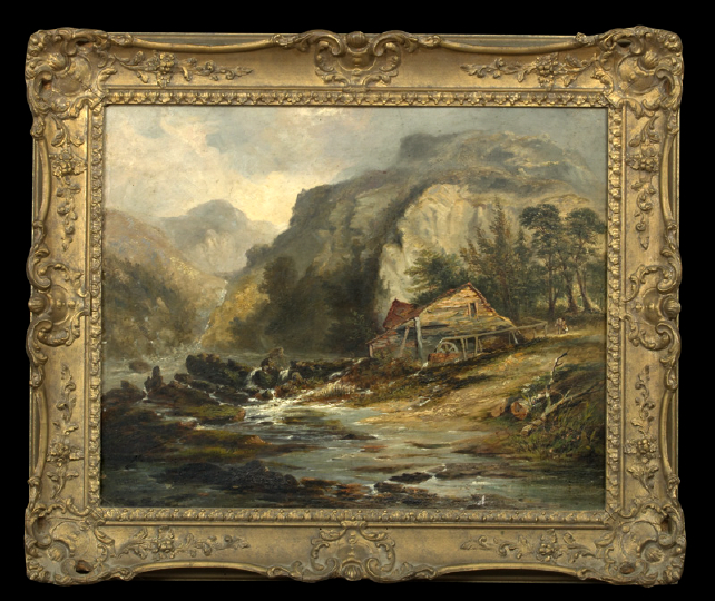 Appraisal: British School Fourth Quarter th Century Mountainous Landscape with Figures