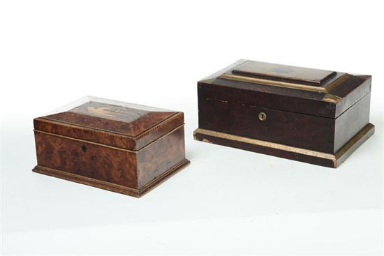 Appraisal: TWO DECORATED JEWEL CASKETS American th century Pine burl veneer