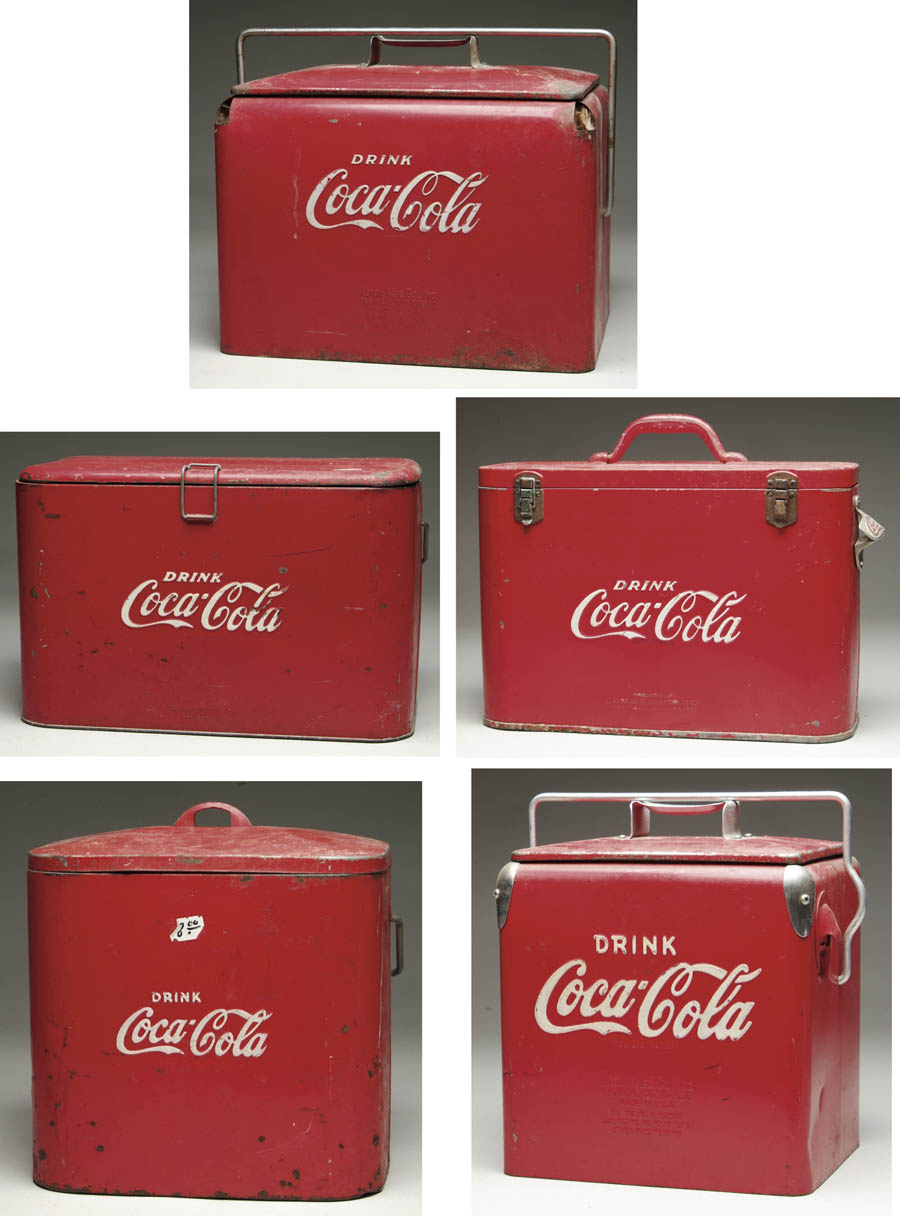 Appraisal: LOT OF FIVE COCA-COLA COOLERS Metal s- s picnic coolers