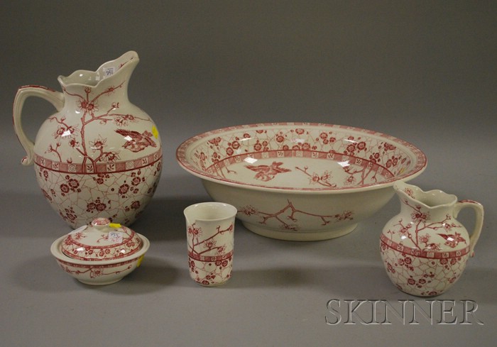 Appraisal: Five-Piece Emery Red and White Transfer Burmese Pattern Staffordshire Chamber