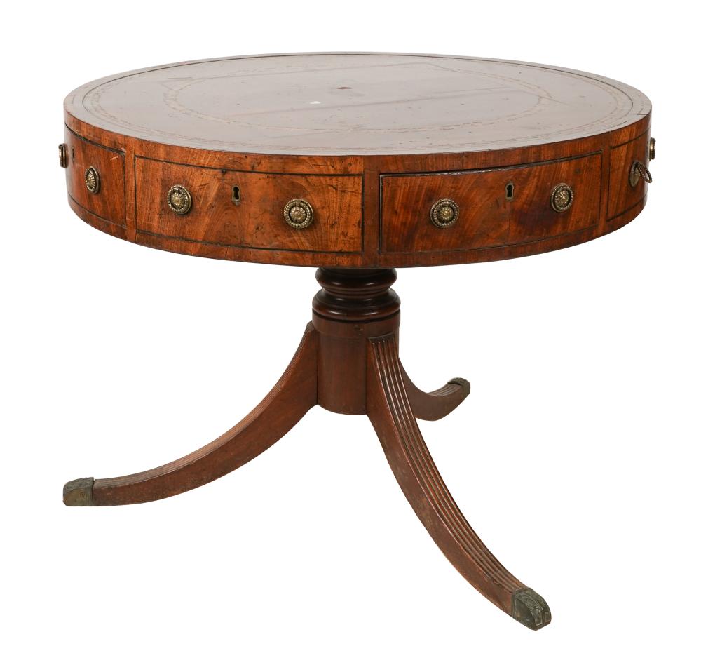 Appraisal: ENGLISH MAHOGANY DRUM TABLE th century the gilt-tooled leather-inset top